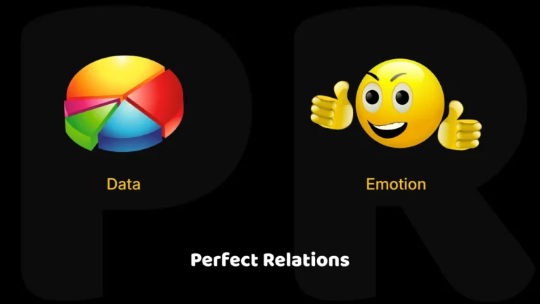 Best PR Agency services representing image having a colorful pie chart and happy thumbs-up emoji representing data and emotion, set against large "PR" letters and "Perfect Relations" text.
