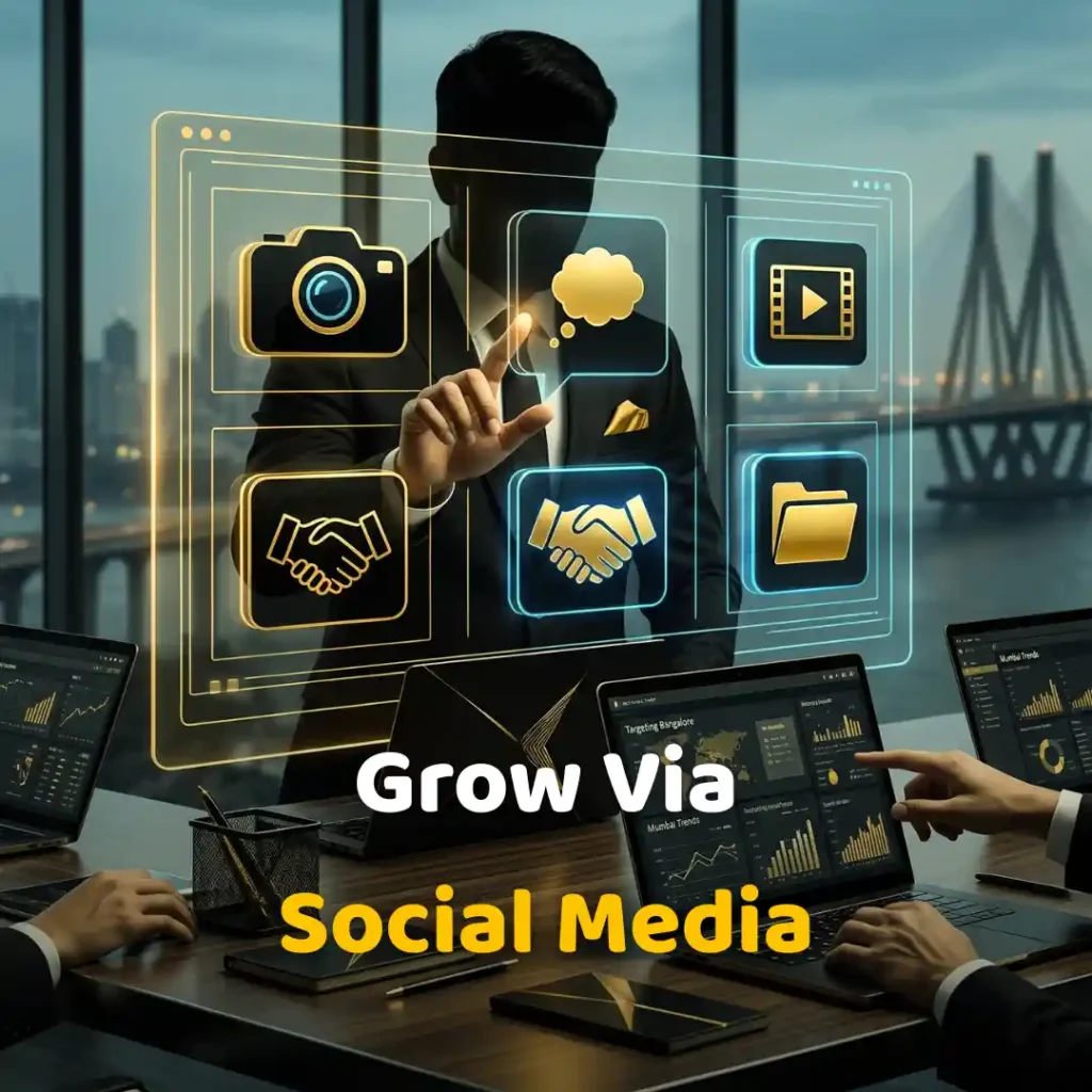 A PR agency CEO points to social media icons on a clear glass strategy board, verifying growth strategies for clients with "Grow via Social Media" text displayed, showcasing professional media planning.