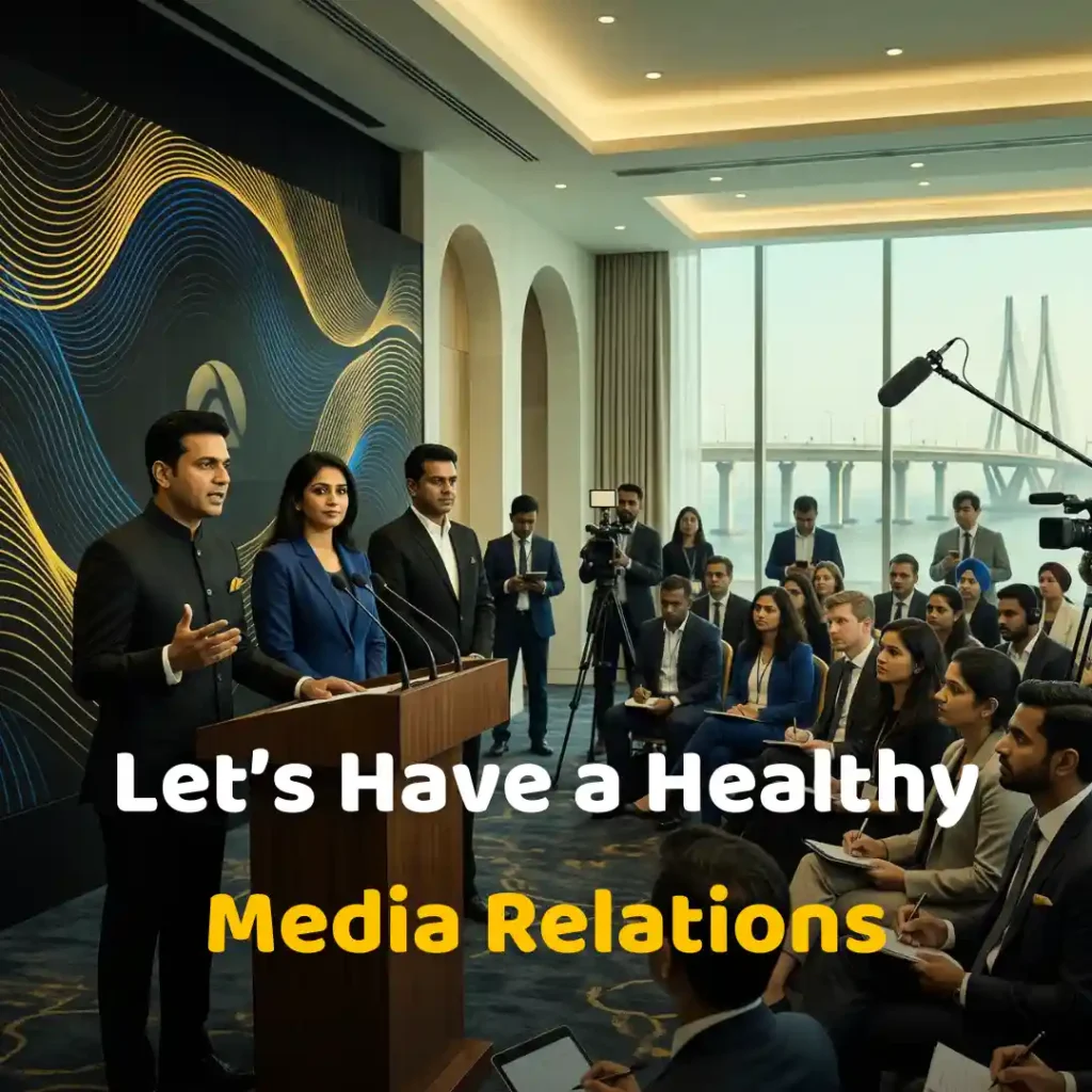 Company representatives speaking at a press meet arranged by a PR agency, with "Let's Have a Healthy Media Relations" text, showcasing professional media interaction and communication strategy.