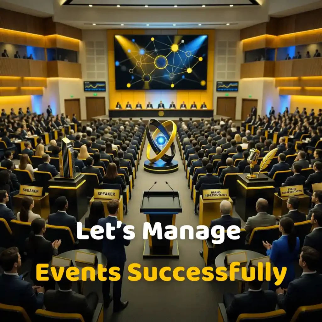A grand business event in a premium auditorium with management, stakeholders, and media, featuring "Let’s Manage Events Successfully" text to represent PR agency event management expertise.