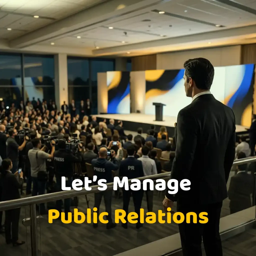 A PR agency CEO overlooking a gathered crowd of media and managers in an auditorium with "Let's Manage Public Relations" text, representing professional event management and communication strategy.