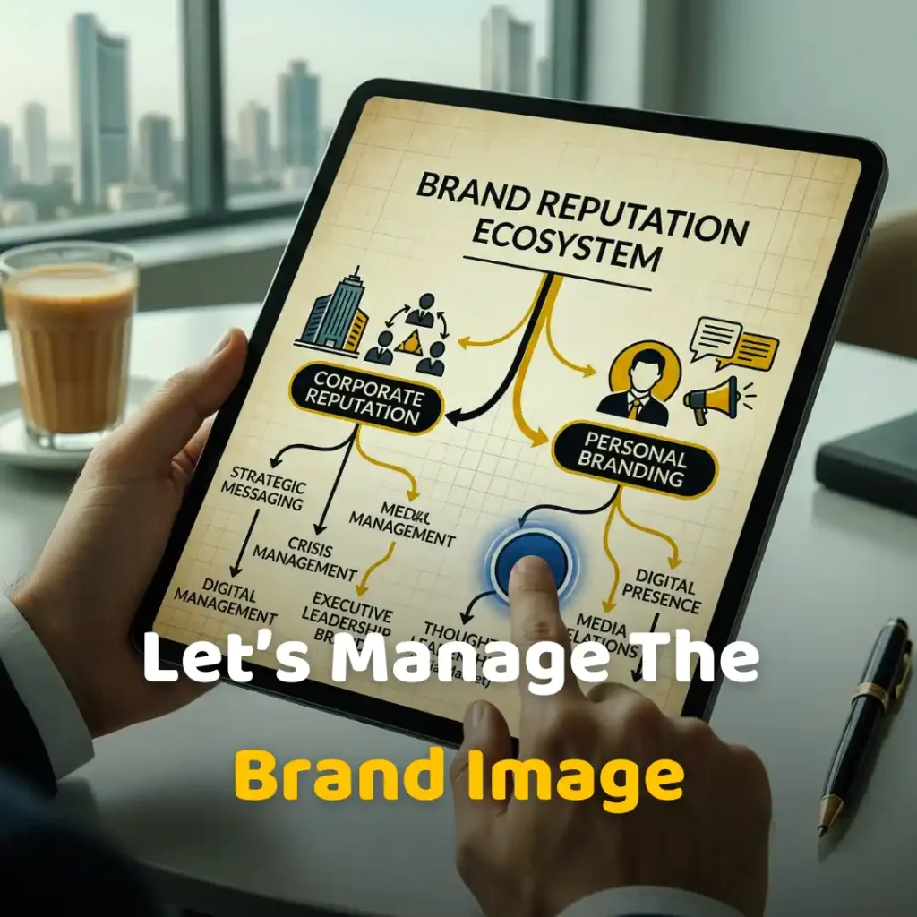 A PR agency CEO verifies a "Brand Reputation Ecosystem" plan on a tablet, featuring corporate reputation and personal branding strategies with the text "Let's Manage The Brand Image."