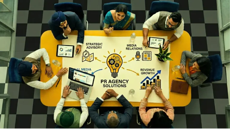 Top-down view of a PR agency team planning growth strategies around a table with a laptop, tablets, and a chart showing PR solutions, media relations, and revenue growth.