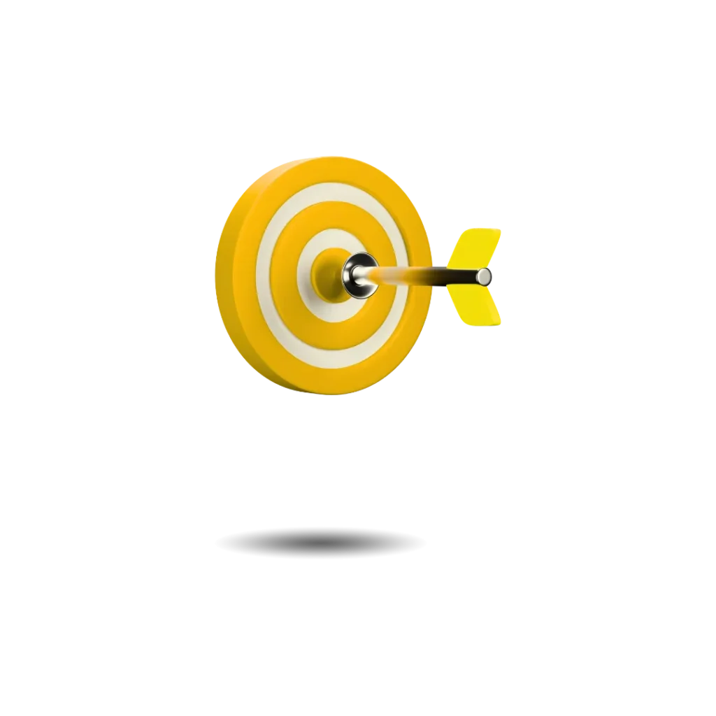 3D render of a dart hitting the center of a yellow and white archery target, symbolizing Growth Up PR Agency's precision in achieving its vision and mission.