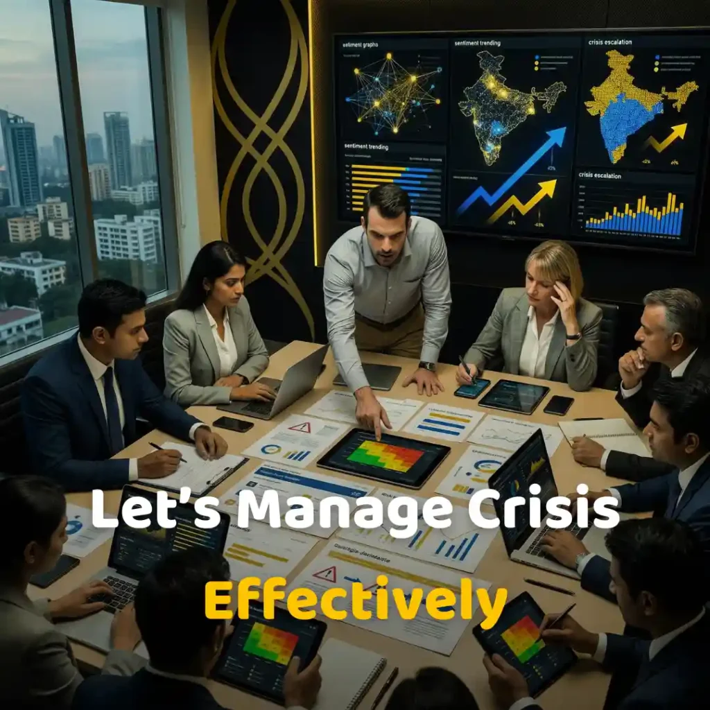 A PR agency team and clients collaborate in a strategy room on crisis management planning, using data dashboards and heatmaps with the text "Let’s Manage Crisis Effectively" displayed.
