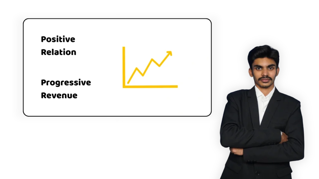 Pranava Bhat, founder of Growth Up PR Agency, is standing near a gold graph showing positive relationships and progressive revenue, illustrating successful public relations strategies.