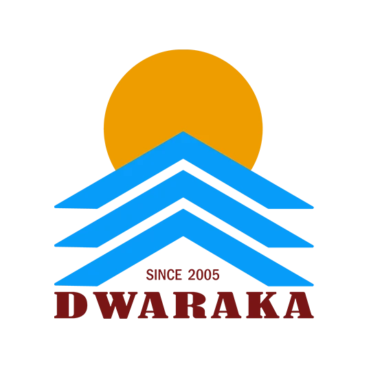 Official logo of Dwaraka Construction Puttur, a client of Growth Up PR Agency, featuring blue roof-like shapes under a yellow sun with the text "DWARAKA SINCE 2005."