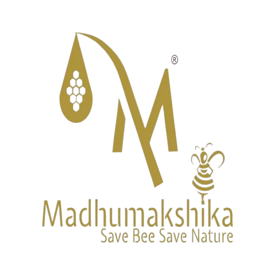Official logo of Madhumakshika, a client of Growth Up PR Agency, featuring a gold "M" with a honeycomb drop, a bee illustration, and the slogan "Save Bee Save Nature."