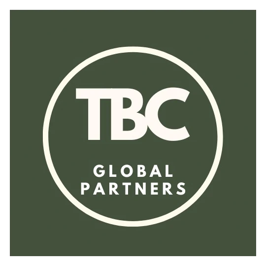Official logo of TBC Global Partners, a client of Growth Up PR Agency, featuring white "TBC" and "GLOBAL PARTNERS" text inside a circle on a dark olive green background.