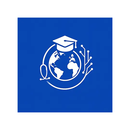 Next Doc Med logo with a graduation cap, globe, stethoscope, and tech circuit design, represented by Growth Up PR Agency.